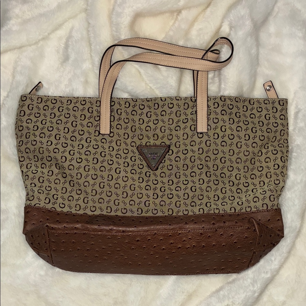 Guess Brown and Tan Logo Tote Bag